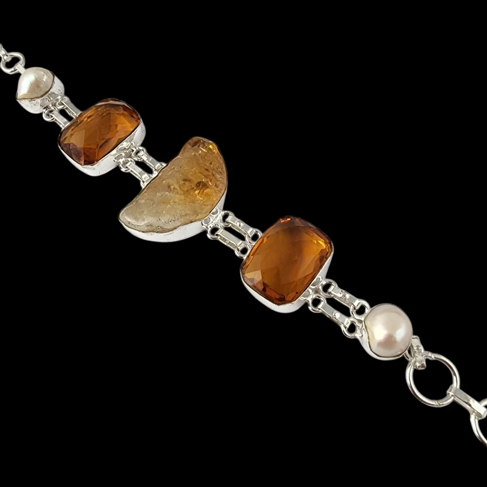Rough citrine gemstone baroque pearl bracelet amber glass chunky bracelet J04